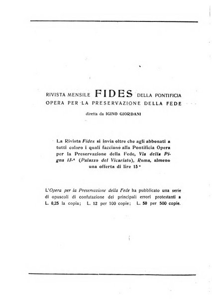 Fides rivista mensile della Pontificia opera per la preservazione della fede in Roma