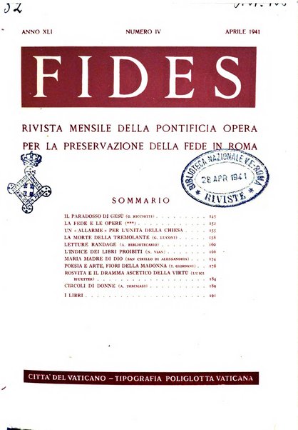 Fides rivista mensile della Pontificia opera per la preservazione della fede in Roma