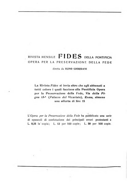 Fides rivista mensile della Pontificia opera per la preservazione della fede in Roma