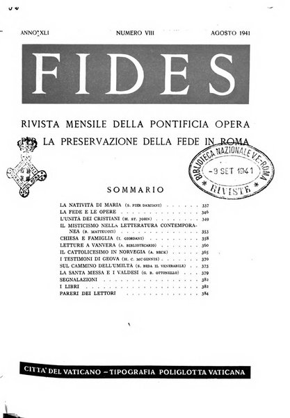 Fides rivista mensile della Pontificia opera per la preservazione della fede in Roma