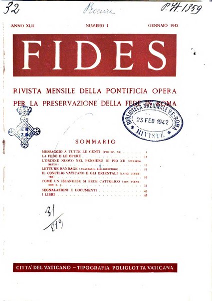 Fides rivista mensile della Pontificia opera per la preservazione della fede in Roma