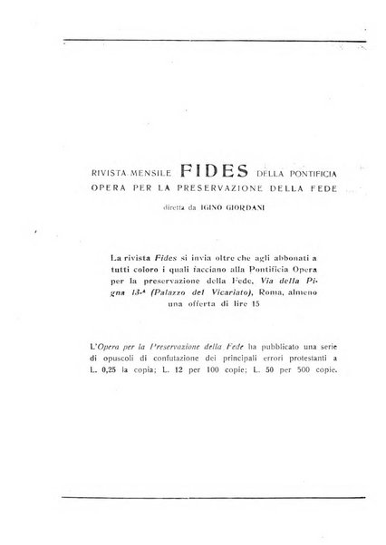 Fides rivista mensile della Pontificia opera per la preservazione della fede in Roma