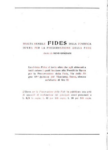 Fides rivista mensile della Pontificia opera per la preservazione della fede in Roma