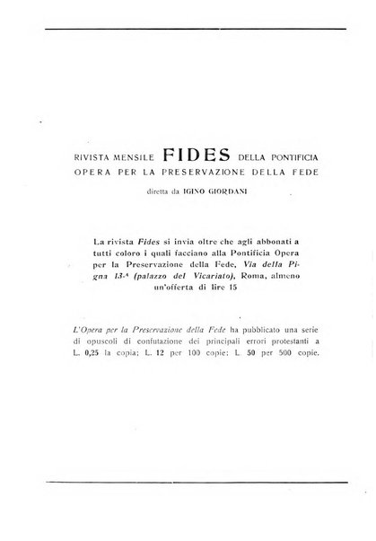 Fides rivista mensile della Pontificia opera per la preservazione della fede in Roma