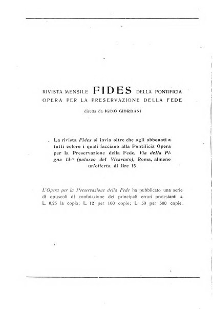 Fides rivista mensile della Pontificia opera per la preservazione della fede in Roma