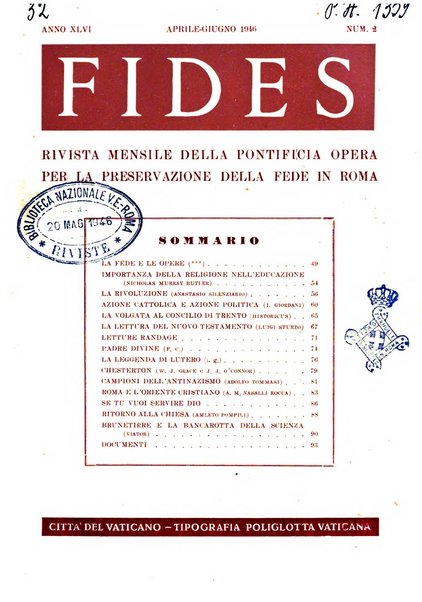 Fides rivista mensile della Pontificia opera per la preservazione della fede in Roma