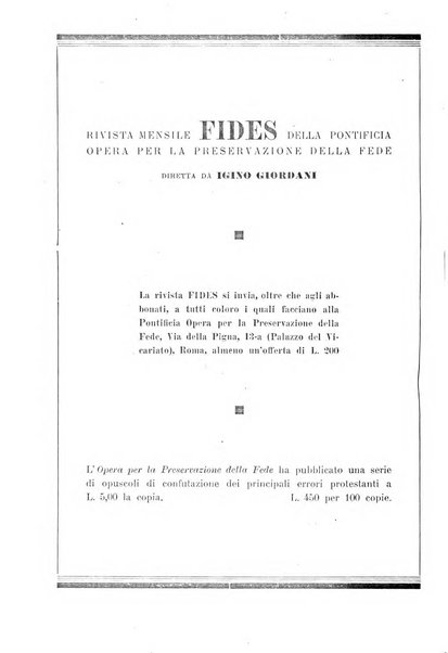 Fides rivista mensile della Pontificia opera per la preservazione della fede in Roma