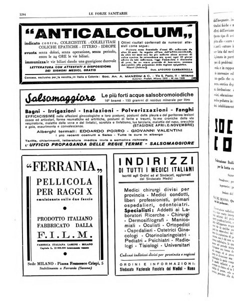 Le forze sanitarie organo ufficiale del Sindacato nazionale fascista dei medici e degli ordini dei medici