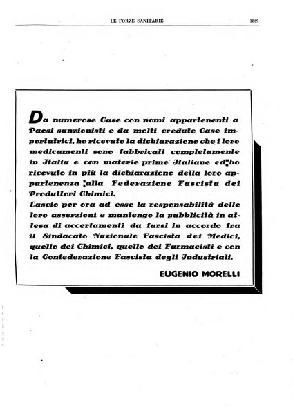 Le forze sanitarie organo ufficiale del Sindacato nazionale fascista dei medici e degli ordini dei medici