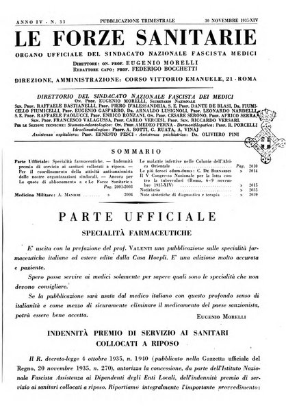 Le forze sanitarie organo ufficiale del Sindacato nazionale fascista dei medici e degli ordini dei medici