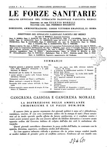 Le forze sanitarie organo ufficiale del Sindacato nazionale fascista dei medici e degli ordini dei medici