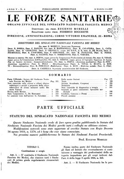 Le forze sanitarie organo ufficiale del Sindacato nazionale fascista dei medici e degli ordini dei medici