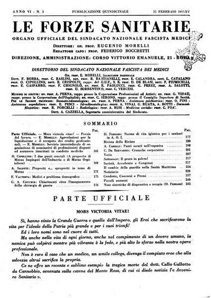 Le forze sanitarie organo ufficiale del Sindacato nazionale fascista dei medici e degli ordini dei medici