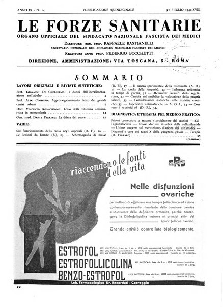 Le forze sanitarie organo ufficiale del Sindacato nazionale fascista dei medici e degli ordini dei medici