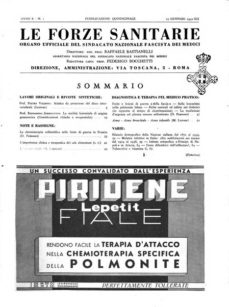 Le forze sanitarie organo ufficiale del Sindacato nazionale fascista dei medici e degli ordini dei medici