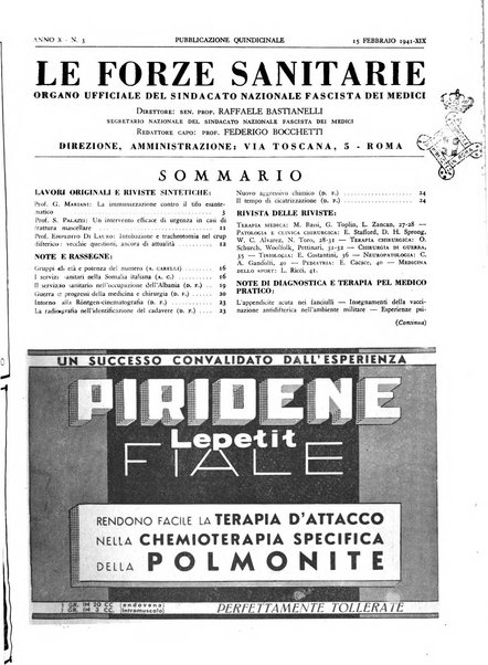 Le forze sanitarie organo ufficiale del Sindacato nazionale fascista dei medici e degli ordini dei medici