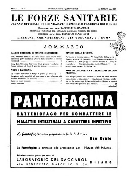 Le forze sanitarie organo ufficiale del Sindacato nazionale fascista dei medici e degli ordini dei medici