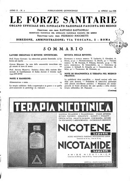 Le forze sanitarie organo ufficiale del Sindacato nazionale fascista dei medici e degli ordini dei medici