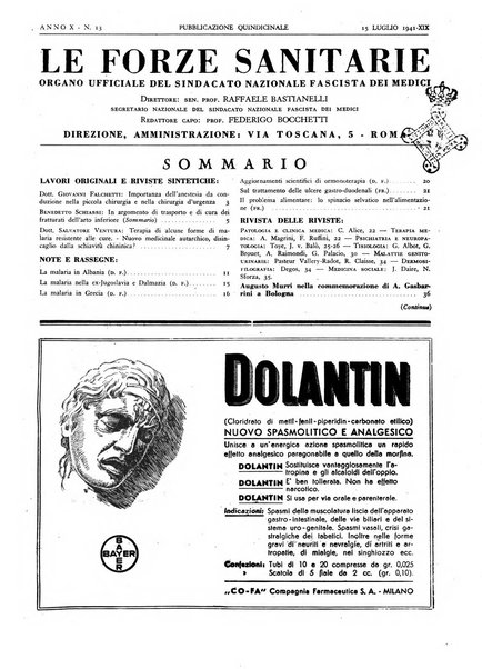 Le forze sanitarie organo ufficiale del Sindacato nazionale fascista dei medici e degli ordini dei medici