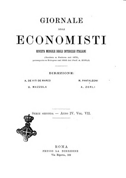 Giornale degli economisti organo dell'Associazione per il progresso degli studi economici