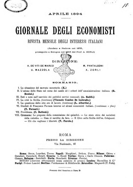 Giornale degli economisti organo dell'Associazione per il progresso degli studi economici