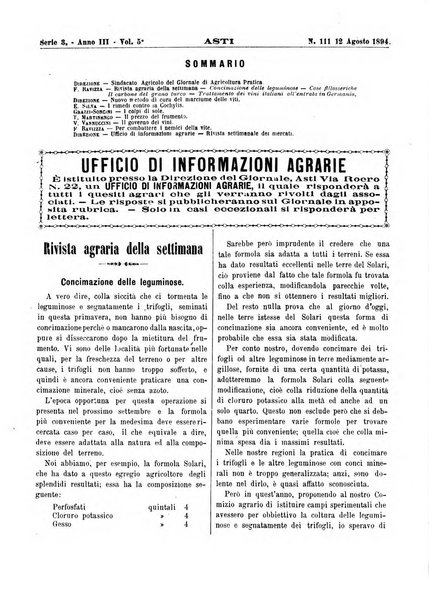 Giornale di agricoltura pratica organo ufficiale della Regia Stazione enologica sperimentale di Asti, della Regia Scuola di viticoltura, enologia e pomologia di Alba, della Regia Scuola agraria di Caluso e dei Comizi agrari di Asti e Alba