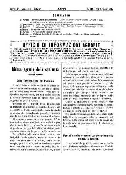 Giornale di agricoltura pratica organo ufficiale della Regia Stazione enologica sperimentale di Asti, della Regia Scuola di viticoltura, enologia e pomologia di Alba, della Regia Scuola agraria di Caluso e dei Comizi agrari di Asti e Alba