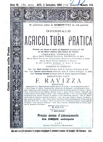 Giornale di agricoltura pratica organo ufficiale della Regia Stazione enologica sperimentale di Asti, della Regia Scuola di viticoltura, enologia e pomologia di Alba, della Regia Scuola agraria di Caluso e dei Comizi agrari di Asti e Alba