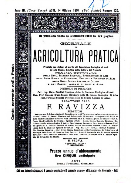 Giornale di agricoltura pratica organo ufficiale della Regia Stazione enologica sperimentale di Asti, della Regia Scuola di viticoltura, enologia e pomologia di Alba, della Regia Scuola agraria di Caluso e dei Comizi agrari di Asti e Alba