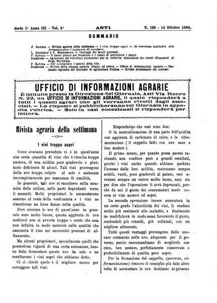 Giornale di agricoltura pratica organo ufficiale della Regia Stazione enologica sperimentale di Asti, della Regia Scuola di viticoltura, enologia e pomologia di Alba, della Regia Scuola agraria di Caluso e dei Comizi agrari di Asti e Alba