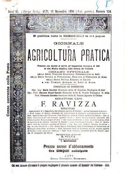 Giornale di agricoltura pratica organo ufficiale della Regia Stazione enologica sperimentale di Asti, della Regia Scuola di viticoltura, enologia e pomologia di Alba, della Regia Scuola agraria di Caluso e dei Comizi agrari di Asti e Alba