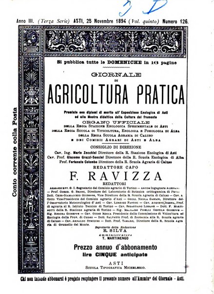 Giornale di agricoltura pratica organo ufficiale della Regia Stazione enologica sperimentale di Asti, della Regia Scuola di viticoltura, enologia e pomologia di Alba, della Regia Scuola agraria di Caluso e dei Comizi agrari di Asti e Alba