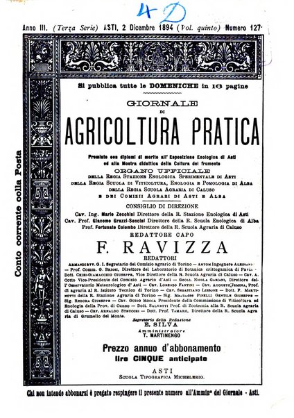 Giornale di agricoltura pratica organo ufficiale della Regia Stazione enologica sperimentale di Asti, della Regia Scuola di viticoltura, enologia e pomologia di Alba, della Regia Scuola agraria di Caluso e dei Comizi agrari di Asti e Alba