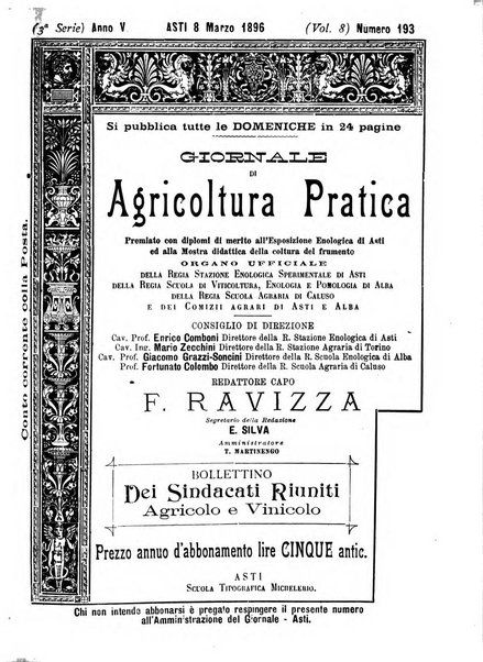 Giornale di agricoltura pratica organo ufficiale della Regia Stazione enologica sperimentale di Asti, della Regia Scuola di viticoltura, enologia e pomologia di Alba, della Regia Scuola agraria di Caluso e dei Comizi agrari di Asti e Alba