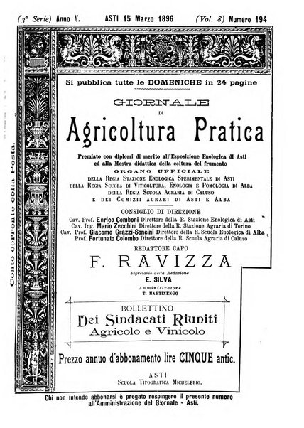 Giornale di agricoltura pratica organo ufficiale della Regia Stazione enologica sperimentale di Asti, della Regia Scuola di viticoltura, enologia e pomologia di Alba, della Regia Scuola agraria di Caluso e dei Comizi agrari di Asti e Alba