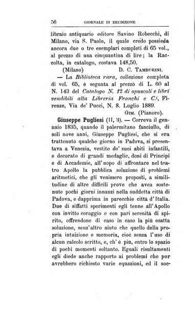 Giornale di erudizione corrispondenza letteraria, artistica e scientifica