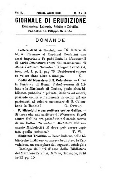 Giornale di erudizione corrispondenza letteraria, artistica e scientifica