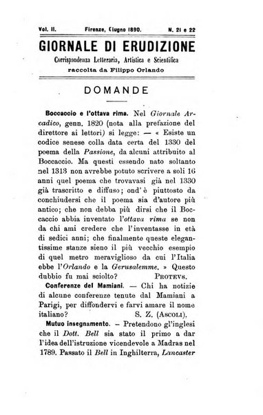 Giornale di erudizione corrispondenza letteraria, artistica e scientifica