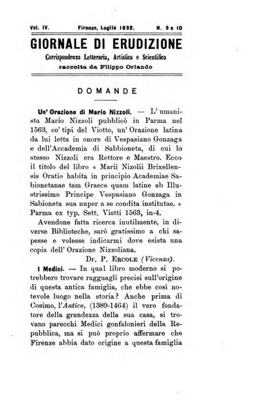 Giornale di erudizione corrispondenza letteraria, artistica e scientifica