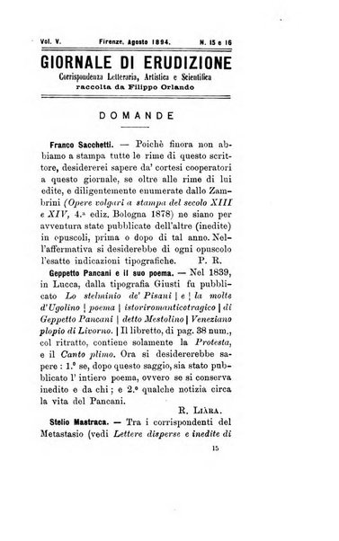 Giornale di erudizione corrispondenza letteraria, artistica e scientifica