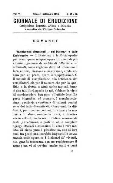 Giornale di erudizione corrispondenza letteraria, artistica e scientifica