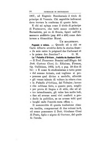 Giornale di erudizione corrispondenza letteraria, artistica e scientifica