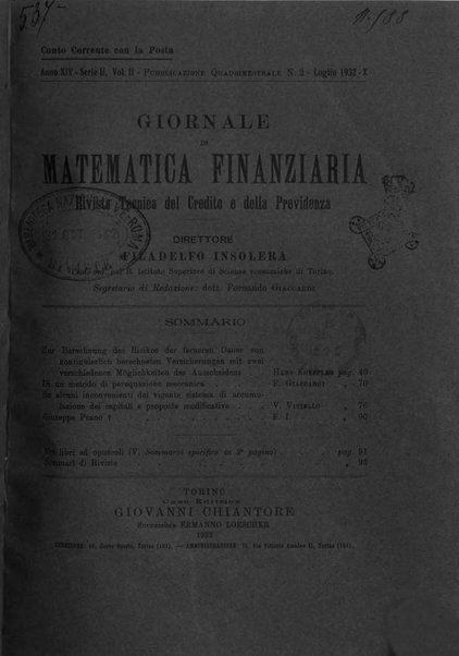 Giornale di matematica finanziaria rivista tecnica del credito e della previdenza