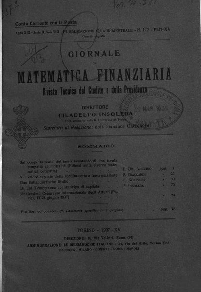 Giornale di matematica finanziaria rivista tecnica del credito e della previdenza