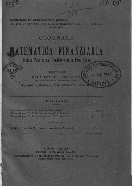 Giornale di matematica finanziaria rivista tecnica del credito e della previdenza