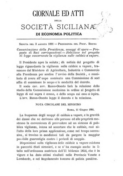 Giornale ed atti della Società siciliana di economia politica