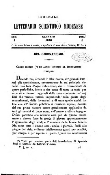 Il giornale letterario scientifico modenese raccolta periodica di produzioni scelte originali italiane e straniere inedite in Italia