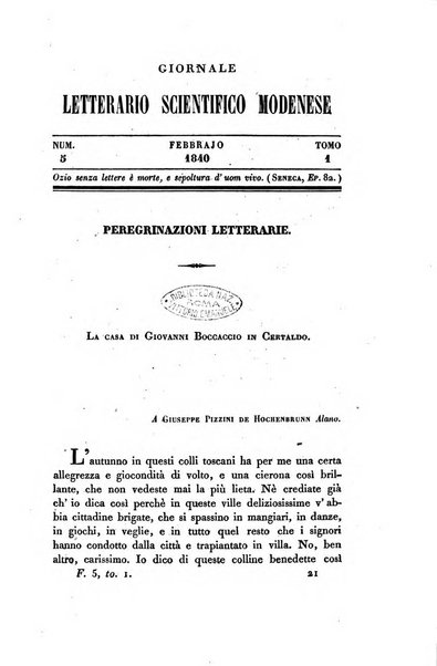 Il giornale letterario scientifico modenese raccolta periodica di produzioni scelte originali italiane e straniere inedite in Italia