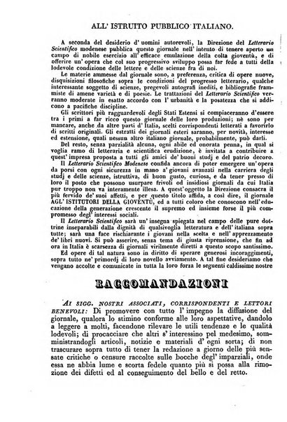 Il giornale letterario scientifico modenese raccolta periodica di produzioni scelte originali italiane e straniere inedite in Italia