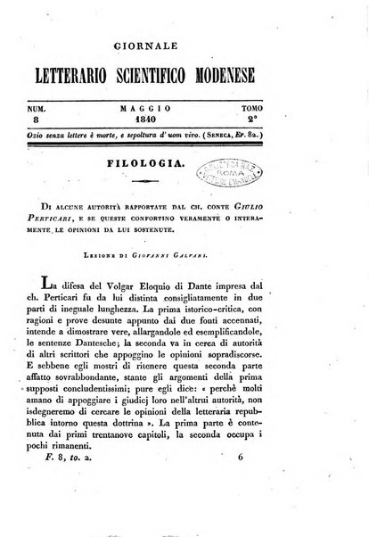 Il giornale letterario scientifico modenese raccolta periodica di produzioni scelte originali italiane e straniere inedite in Italia